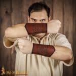 Leather Bracers - Genuine Leather with Embossed Double Dragon Design -  Brown - Lord of Battles