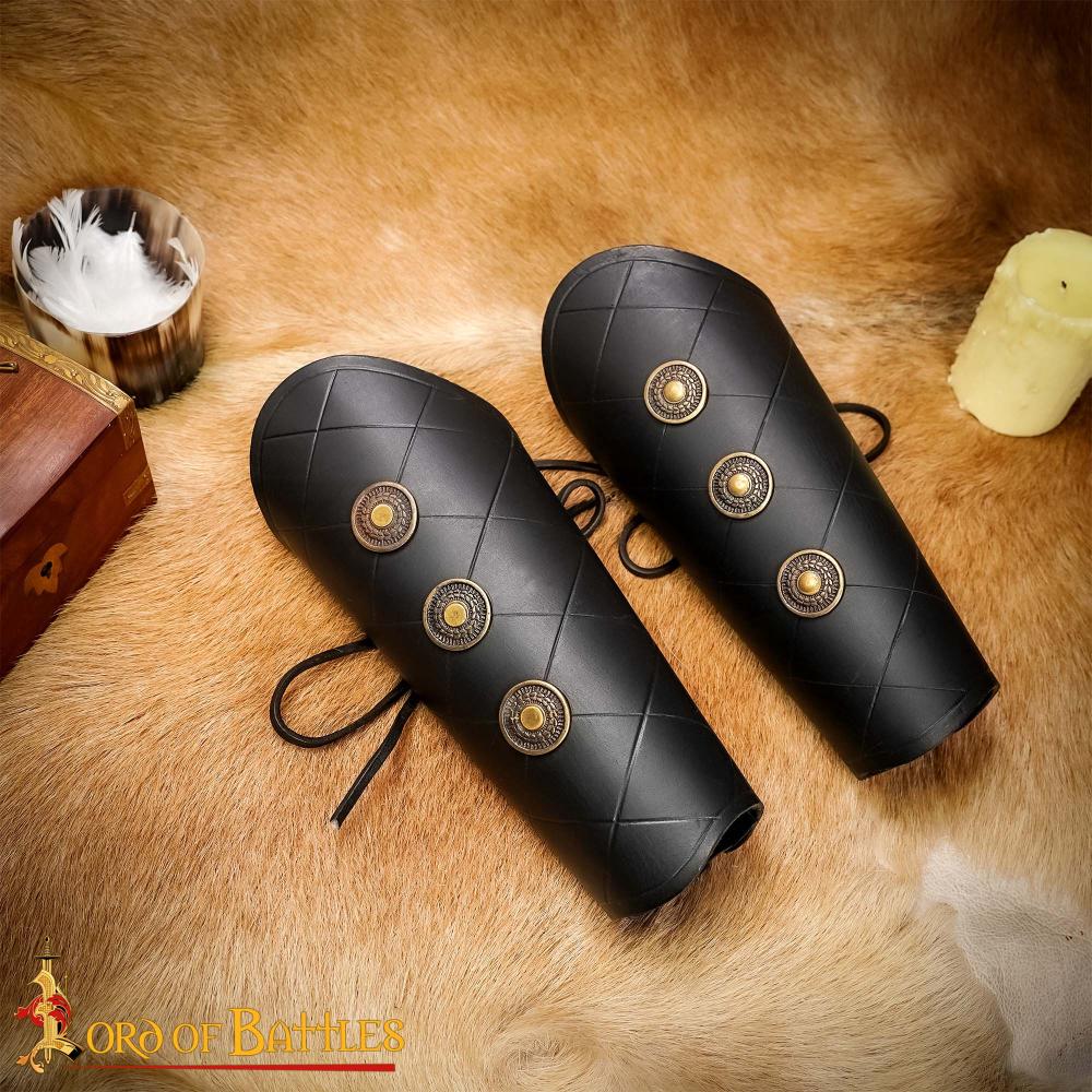 Leather Bracers with Antiqued Brass Medallions Set - Black - Lord
