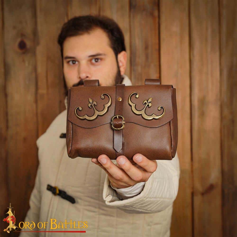 Late Medieval Leather Belt Pouch with Brass Moon Medallions 