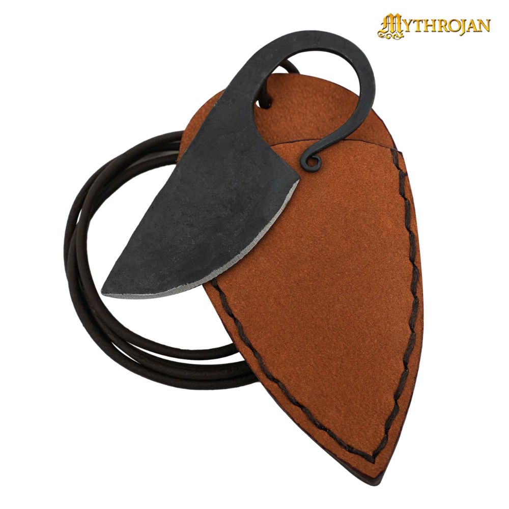 Mythrojan Celtic Ring Knife - Hand Forged Necklace Knife with Tan